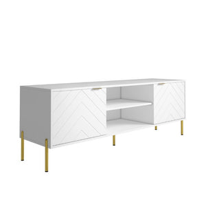 English Elm Mid-Century Modern TV Stand with Fishbone Doors Gold Handles and RGB LED Lighting T3609S00003