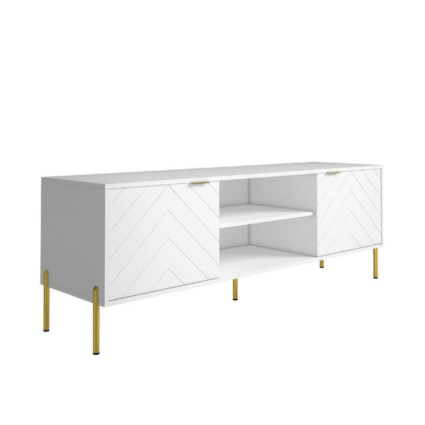 English Elm Mid-Century Modern TV Stand with Fishbone Doors Gold Handles and RGB LED Lighting T3609S00003