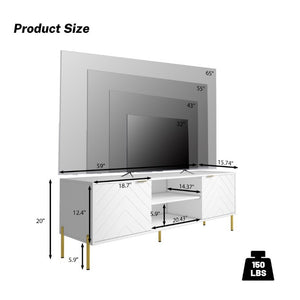 English Elm Mid-Century Modern TV Stand with Fishbone Doors Gold Handles and RGB LED Lighting T3609S00003
