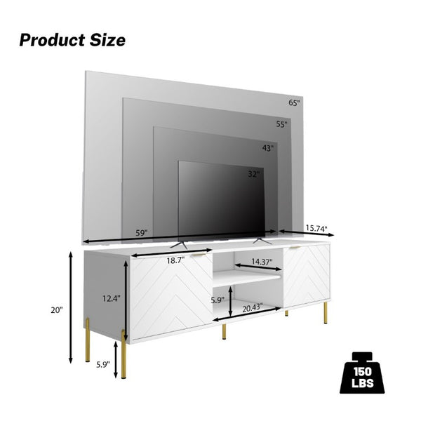 English Elm Mid-Century Modern TV Stand with Fishbone Doors Gold Handles and RGB LED Lighting T3609S00003