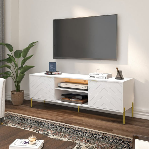English Elm Mid-Century Modern TV Stand with Fishbone Doors Gold Handles and RGB LED Lighting T3609S00003