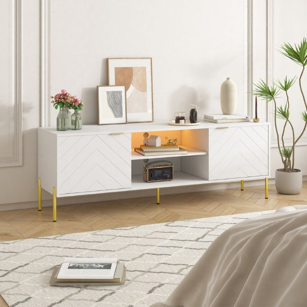 English Elm Mid-Century Modern TV Stand with Fishbone Doors Gold Handles and RGB LED Lighting T3609S00003