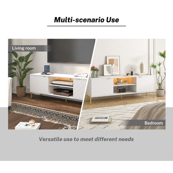 English Elm Mid-Century Modern TV Stand with Fishbone Doors Gold Handles and RGB LED Lighting T3609S00003
