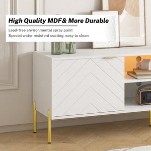 English Elm Mid-Century Modern TV Stand with Fishbone Doors Gold Handles and RGB LED Lighting T3609S00003