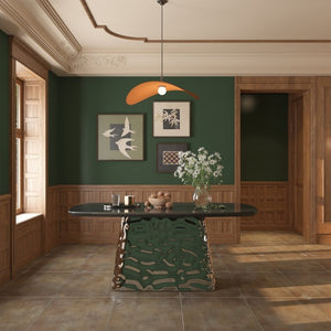 English Elm Modern Six Seat Dining Table with Sculpted Steel Base and Dark Wood Veneer Top T3609S00006