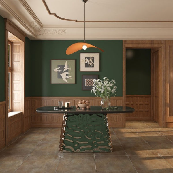English Elm Modern Six Seat Dining Table with Sculpted Steel Base and Dark Wood Veneer Top T3609S00006