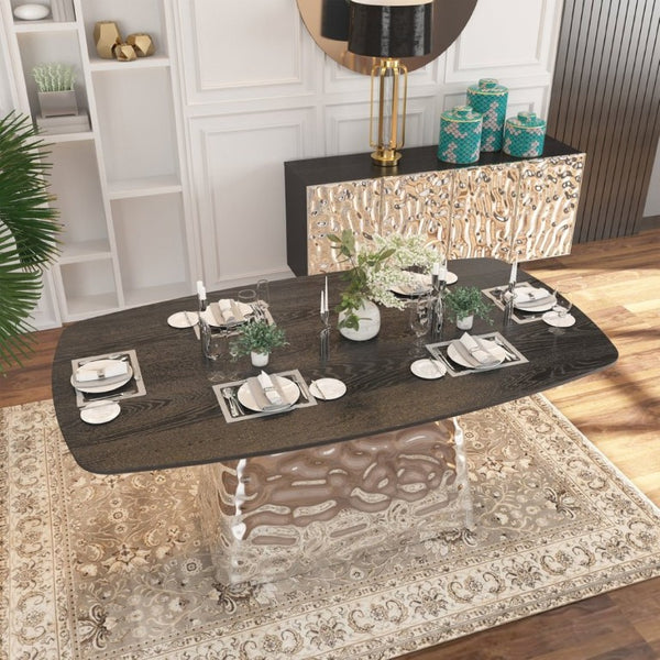 English Elm Modern Six Seat Dining Table with Sculpted Steel Base and Dark Wood Veneer Top T3609S00006