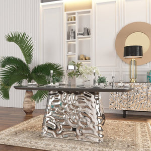 English Elm Modern Six Seat Dining Table with Sculpted Steel Base and Dark Wood Veneer Top T3609S00006