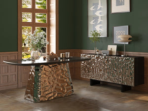 English Elm Modern Six Seat Dining Table with Sculpted Steel Base and Dark Wood Veneer Top T3609S00006