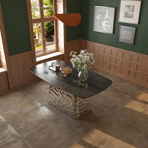 English Elm Modern Six Seat Dining Table with Sculpted Steel Base and Dark Wood Veneer Top T3609S00006