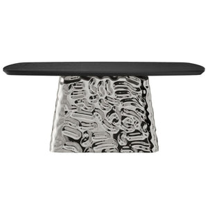 English Elm Modern Six Seat Dining Table with Sculpted Steel Base and Dark Wood Veneer Top T3609S00006