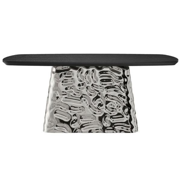 English Elm Modern Six Seat Dining Table with Sculpted Steel Base and Dark Wood Veneer Top T3609S00006