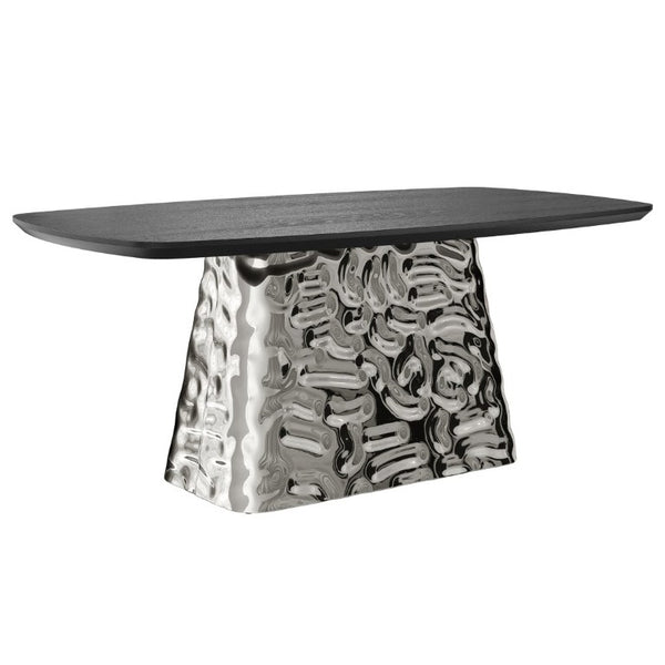 English Elm Modern Six Seat Dining Table with Sculpted Steel Base and Dark Wood Veneer Top T3609S00006
