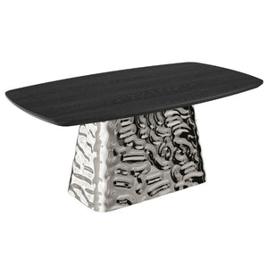 English Elm Modern Six Seat Dining Table with Sculpted Steel Base and Dark Wood Veneer Top T3609S00006
