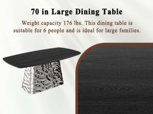 English Elm Modern Six Seat Dining Table with Sculpted Steel Base and Dark Wood Veneer Top T3609S00006