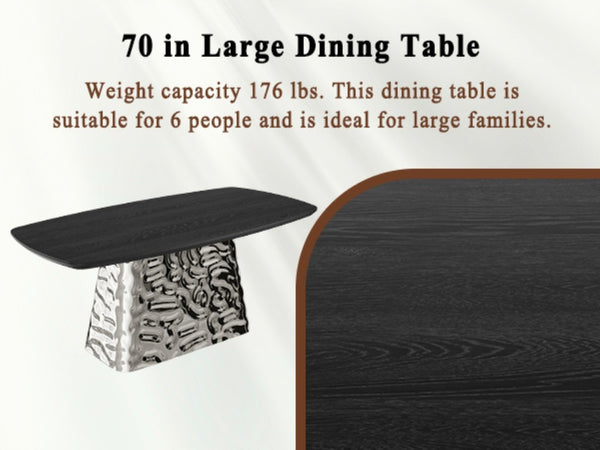 English Elm Modern Six Seat Dining Table with Sculpted Steel Base and Dark Wood Veneer Top T3609S00006