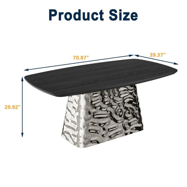 English Elm Modern Six Seat Dining Table with Sculpted Steel Base and Dark Wood Veneer Top T3609S00006