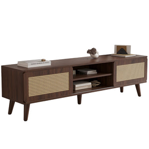 English Elm 75" Rattan Door Media Console with Angled Legs and Cabinet Storage for Living Room T3623P434781