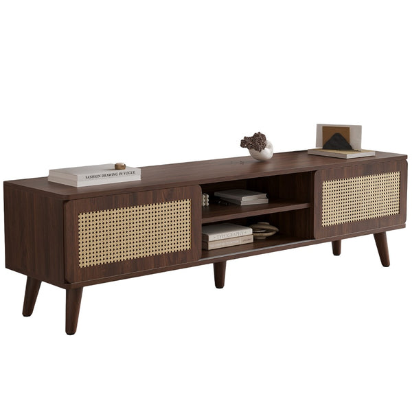 English Elm 75" Rattan Door Media Console with Angled Legs and Cabinet Storage for Living Room T3623P434781