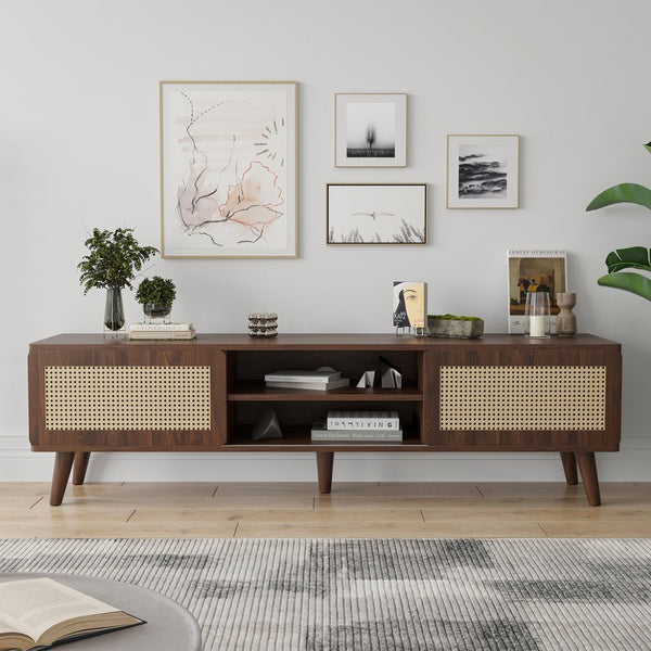 English Elm 75" Rattan Door Media Console with Angled Legs and Cabinet Storage for Living Room T3623P434781