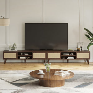 English Elm 75" Rattan Door Media Console with Angled Legs and Cabinet Storage for Living Room T3623P434781