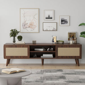 English Elm 75" Rattan Door Media Console with Angled Legs and Cabinet Storage for Living Room T3623P434781