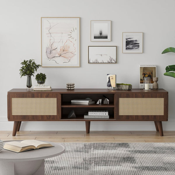 English Elm 75" Rattan Door Media Console with Angled Legs and Cabinet Storage for Living Room T3623P434781