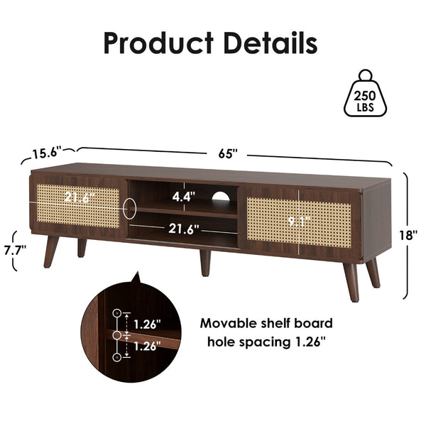 English Elm 75" Rattan Door Media Console with Angled Legs and Cabinet Storage for Living Room T3623P434781