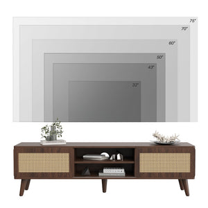 English Elm 75" Rattan Door Media Console with Angled Legs and Cabinet Storage for Living Room T3623P434781