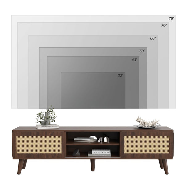 English Elm 75" Rattan Door Media Console with Angled Legs and Cabinet Storage for Living Room T3623P434781