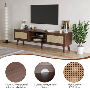 English Elm 75" Rattan Door Media Console with Angled Legs and Cabinet Storage for Living Room T3623P434781