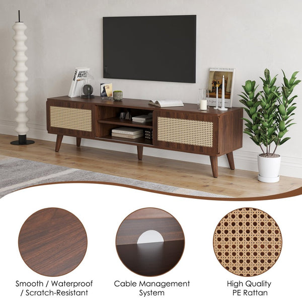 English Elm 75" Rattan Door Media Console with Angled Legs and Cabinet Storage for Living Room T3623P434781