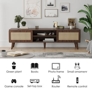 English Elm 75" Rattan Door Media Console with Angled Legs and Cabinet Storage for Living Room T3623P434781