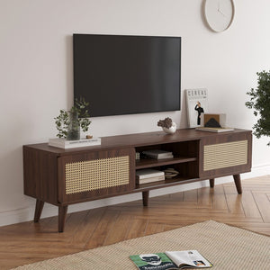 English Elm 75" Rattan Door Media Console with Angled Legs and Cabinet Storage for Living Room T3623P434781