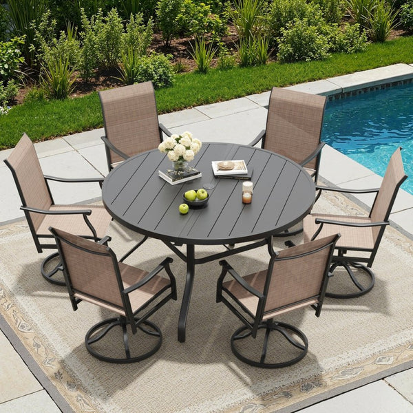 English Elm Round Outdoor Patio Table 47 Inch Wood Grain Metal Frame with Umbrella Hole Poolside T3623P504685