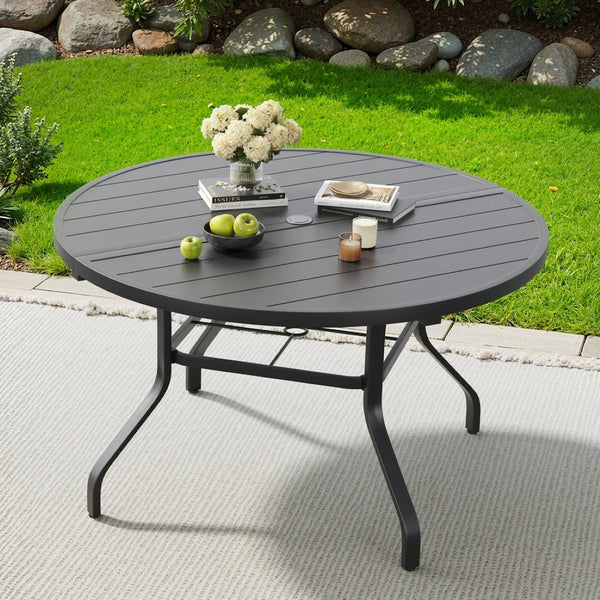 English Elm Round Outdoor Patio Table 47 Inch Wood Grain Metal Frame with Umbrella Hole Poolside T3623P504685
