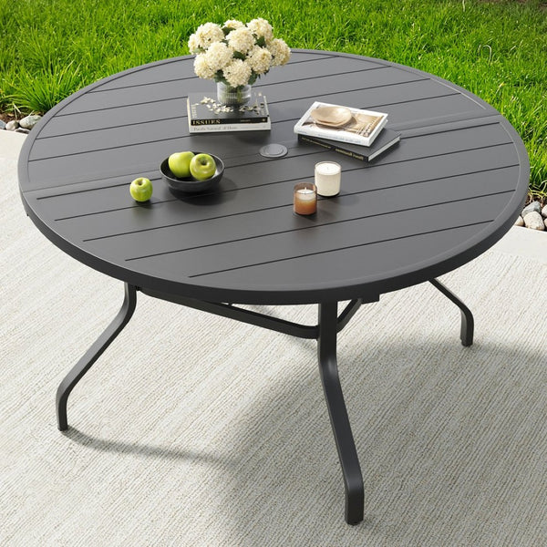 English Elm Round Outdoor Patio Table 47 Inch Wood Grain Metal Frame with Umbrella Hole Poolside T3623P504685