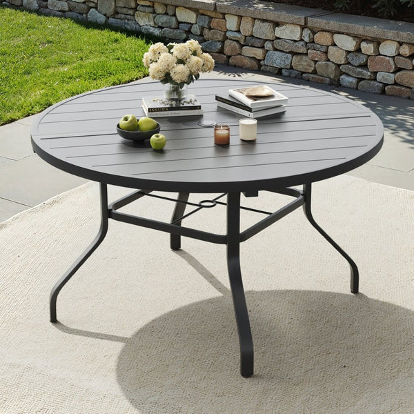 English Elm Round Outdoor Patio Table 47 Inch Wood Grain Metal Frame with Umbrella Hole Poolside T3623P504685