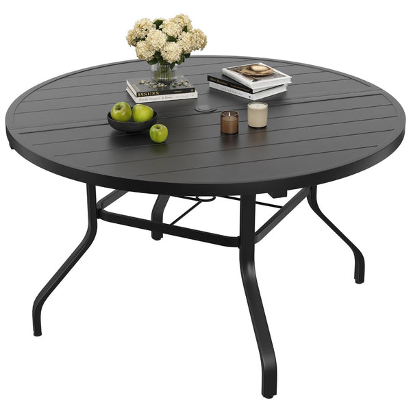 English Elm Round Outdoor Patio Table 47 Inch Wood Grain Metal Frame with Umbrella Hole Poolside T3623P504685