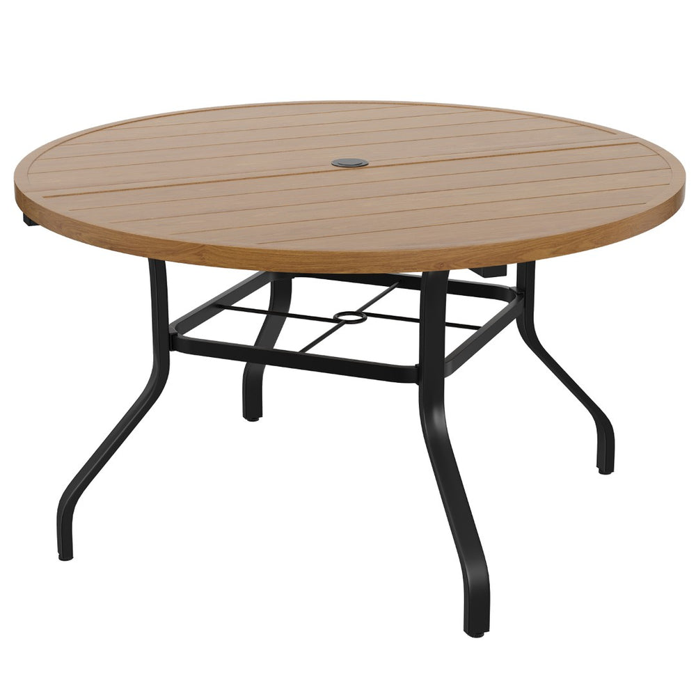 English Elm Round Outdoor Metal Patio Dining Table with Wood Grain Texture and Umbrella Hole T3623P504723