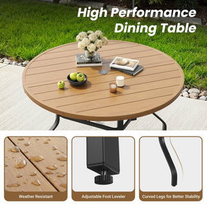 English Elm Round Outdoor Metal Patio Dining Table with Wood Grain Texture and Umbrella Hole T3623P504723