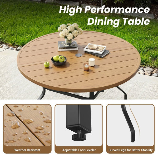 English Elm Round Outdoor Metal Patio Dining Table with Wood Grain Texture and Umbrella Hole T3623P504723