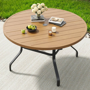 English Elm Round Outdoor Metal Patio Dining Table with Wood Grain Texture and Umbrella Hole T3623P504723