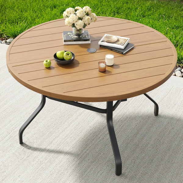 English Elm Round Outdoor Metal Patio Dining Table with Wood Grain Texture and Umbrella Hole T3623P504723