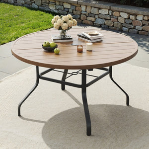 English Elm Round Outdoor Metal Patio Dining Table with Wood Grain Texture and Umbrella Hole T3623P504723