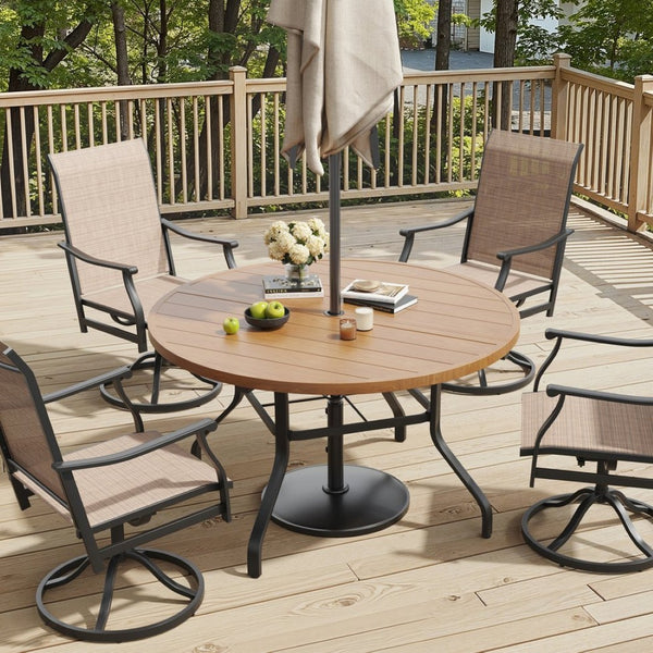 English Elm Round Outdoor Metal Patio Dining Table with Wood Grain Texture and Umbrella Hole T3623P504723