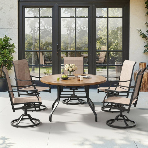 English Elm Round Outdoor Metal Patio Dining Table with Wood Grain Texture and Umbrella Hole T3623P504723