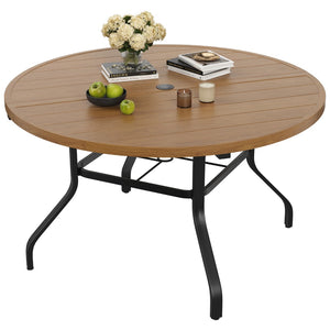 English Elm Round Outdoor Metal Patio Dining Table with Wood Grain Texture and Umbrella Hole T3623P504723