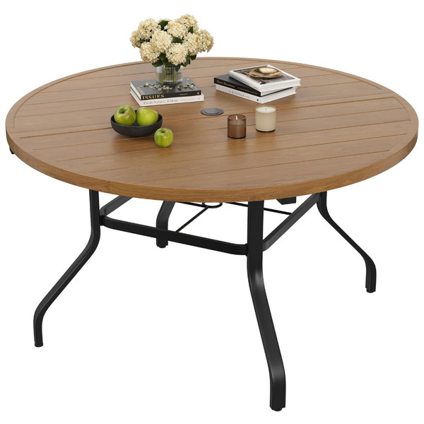 English Elm Round Outdoor Metal Patio Dining Table with Wood Grain Texture and Umbrella Hole T3623P504723