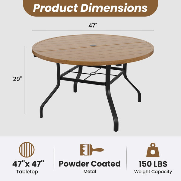 English Elm Round Outdoor Metal Patio Dining Table with Wood Grain Texture and Umbrella Hole T3623P504723
